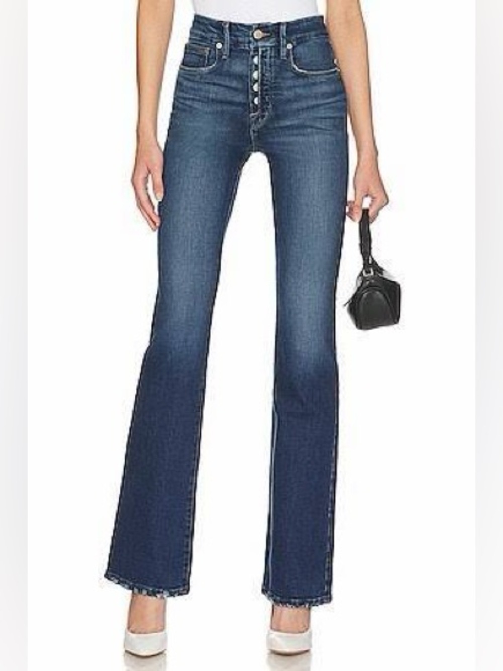 GOOD AMERICAN High Rise Dark Blue Flare Denim Jeans Classic Boot Cut Fray 6 28